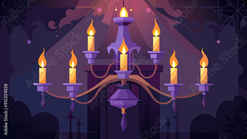 Spooky Candle Chandelier Illustration, Gothic Purple with Burning Candles