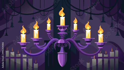 Spooky Candle Chandelier Illustration, Gothic Style with Purple and Black