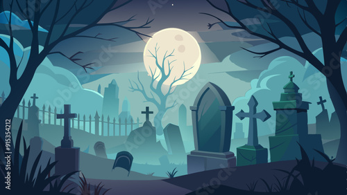Haunted Cemetery Illustration with Full Moon and Tombstones, Foggy Night