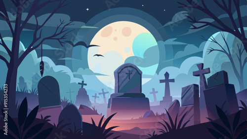 Spooky Graveyard Illustration with Full Moon and Tombstones, Eerie Night