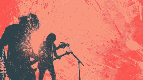 Silhouettes of musicians playing on a coral background.