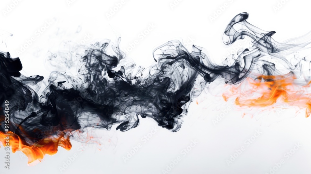 The vibrant swirl of black and orange smoke creates a stunning visual contrast, flowing elegantly against a bright white background The vibrant swirl of black and orange smoke creates a stunning visual contrast, flowing elegantly against a bright white background
