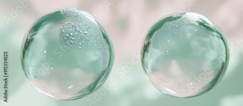 A close-up of two transparent glass spheres, one containing a light green liquid and the other containing a white fluid, against a soft pastel background