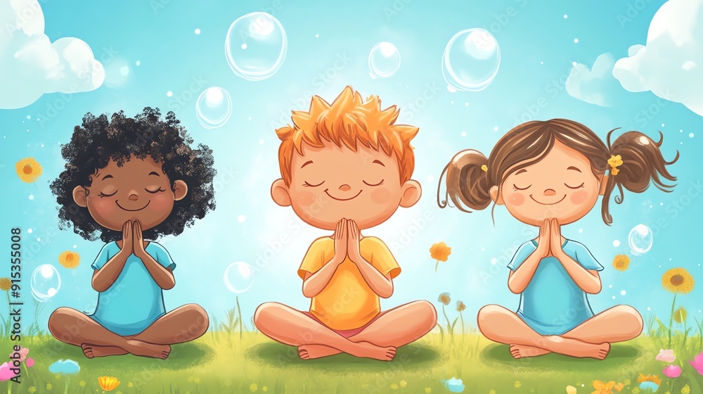 Kids meditating in nature with bubbles. Kids meditating in nature with bubbles.