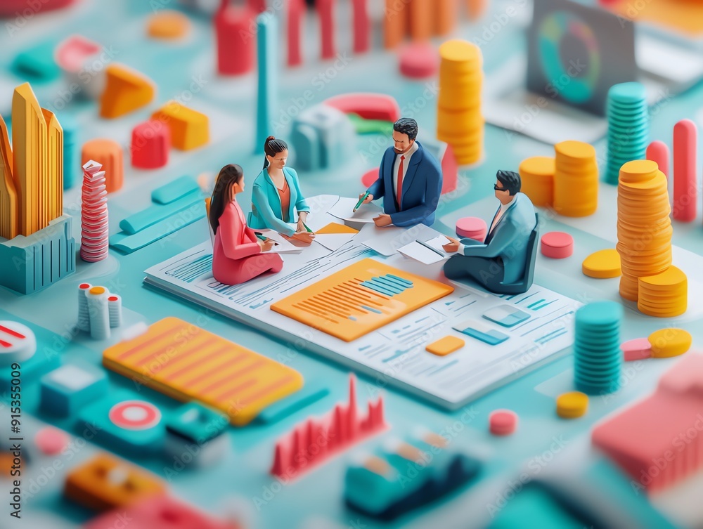 Miniature Business People Discussing Financial Reports. Miniature Business People Discussing Financial Reports.