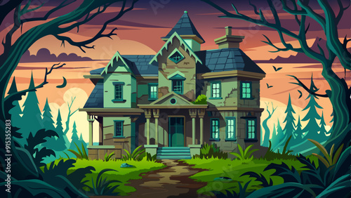Mysterious Mansion in Spooky Forest at Twilight