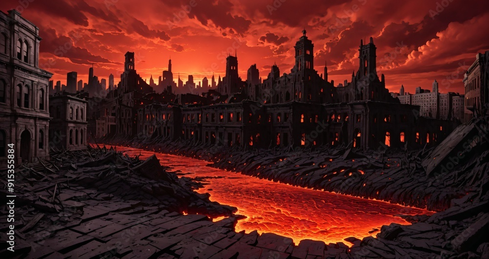Naklejka premium volcanic lava magma river flowing through destroyed city street and abandoned town buildings and towers. hellmouth entrance to hell in apocalyptic landscape hellscape.