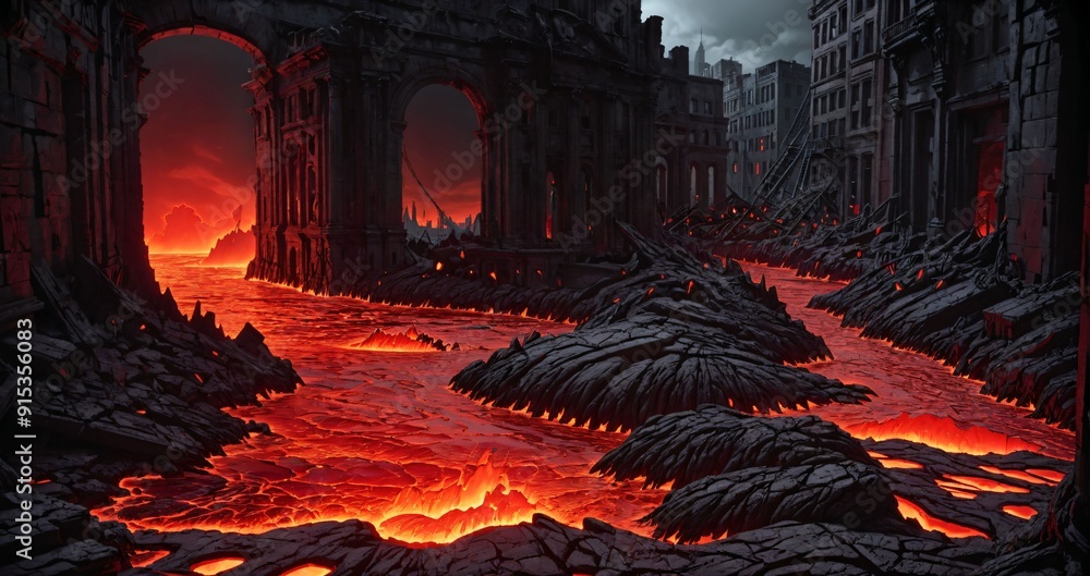 lava magma river flowing through destroyed city buildings in dark molten hellscape. post apocalyptic hell town ruins. lava magma river flowing through destroyed city buildings in dark molten hellscape. post apocalyptic hell town ruins.