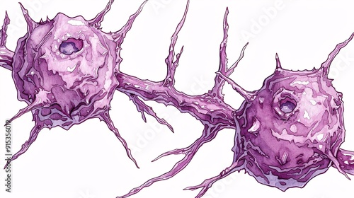 Scientific-style illustration of two interconnected neuron cells in purple, showing detailed branching structures. Perfect for educational content or themes related to neurobiology and connectivity. photo