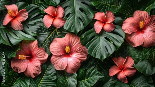 A vibrant arrangement of hibiscus flowers and tropical leaves in a natural setting