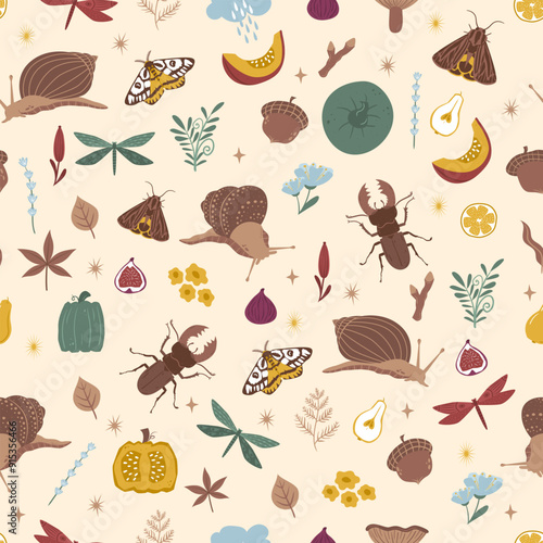 Seamless pattern with Autumn cute and cozy design elements. Factory pattern with snails, leaves and mushrooms in warm shades