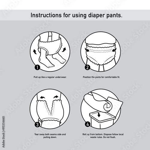 Icons set for Instruction of using diaper pants. The outline icons are well scalable and editable. Contrasting vector elements are good for different backgrounds. EPS10.