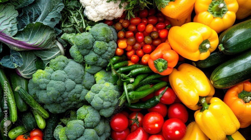 Fresh, colorful vegetables are artfully arranged, showcasing green, orange, and red hues in a bountiful harvest Fresh, colorful vegetables are artfully arranged, showcasing green, orange, and red hues in a bountiful harvest