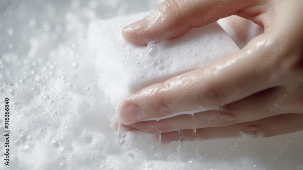 Fototapeta premium Close-up of hands of Woman washes hands with foamy soap under faucet in clean bathroom sink
