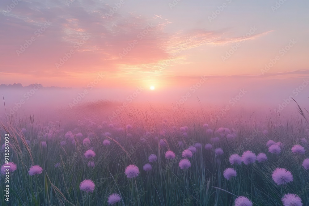 Naklejka premium serene misty meadow at dawn with swaying grasses soft pastel hues paint the sky as gentle breeze creates ripples through the field capturing a moment of zenlike tranquility in nature