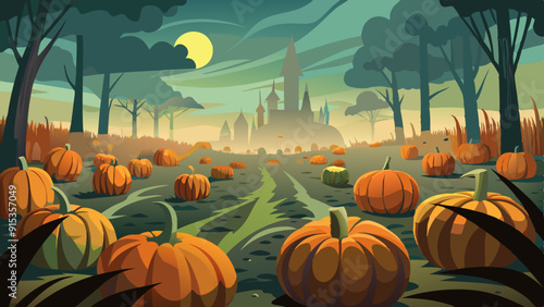 Sunset Over Pumpkin Patch in Autumn Forest