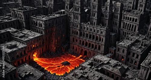 lava magma river flowing through destroyed city buildings in dark molten brimstone aerial bird's eye view hellscape. post apocalyptic hell town ruins.