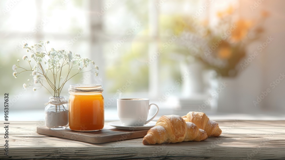 Cozy breakfast scene with a jar of mango jam, warm croissants, and a cup of coffee, evoking a comforting morning ambiance. Cozy breakfast scene with a jar of mango jam, warm croissants, and a cup of coffee, evoking a comforting morning ambiance.