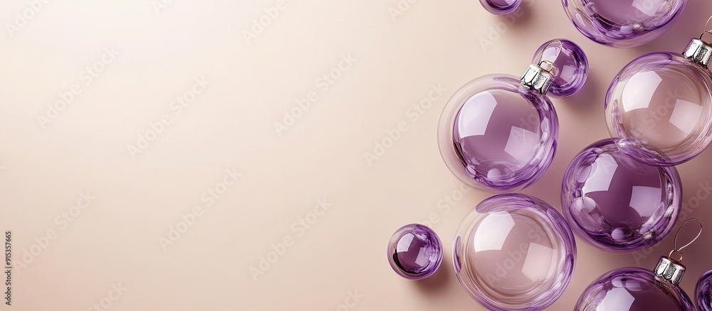 Fototapeta premium Numerous purple transparent glass Christmas decoration baubles on a beige background Copy space close up