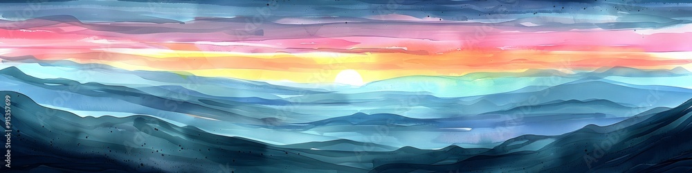 Serene watercolor landscape depicting mountains at sunrise with soft colors and a tranquil atmosphere Serene watercolor landscape depicting mountains at sunrise with soft colors and a tranquil atmosphere