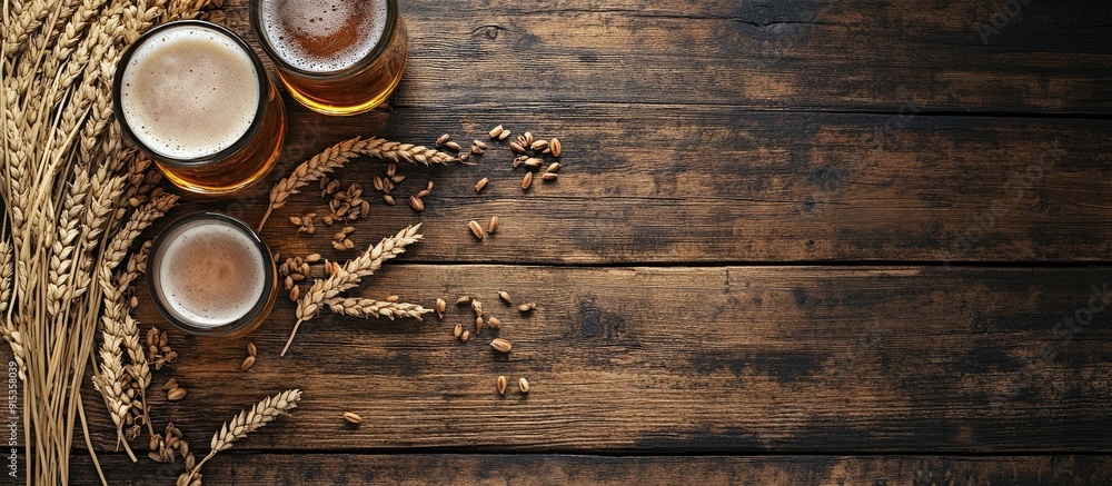Barley or wheat as a beer ingredient alongside beer glasses on a rustic wooden background top view with copy space Barley or wheat as a beer ingredient alongside beer glasses on a rustic wooden background top view with copy space