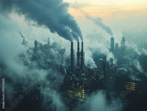 Industrial Factory Emissions at Sunset with Heavy Smoke and Pollution in Urban Cityscape