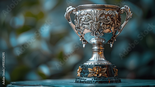 Vintage silver trophy cup with intricate engravings, displayed on a dark background.

 photo