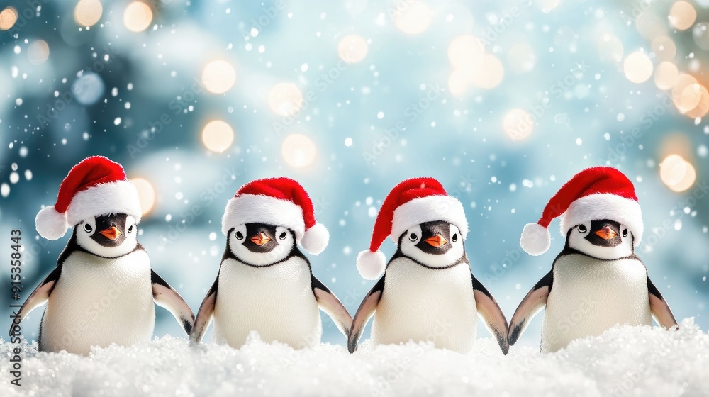 Cute holiday penguins with Santa hats, blank area for text. Cute holiday penguins with Santa hats, blank area for text.