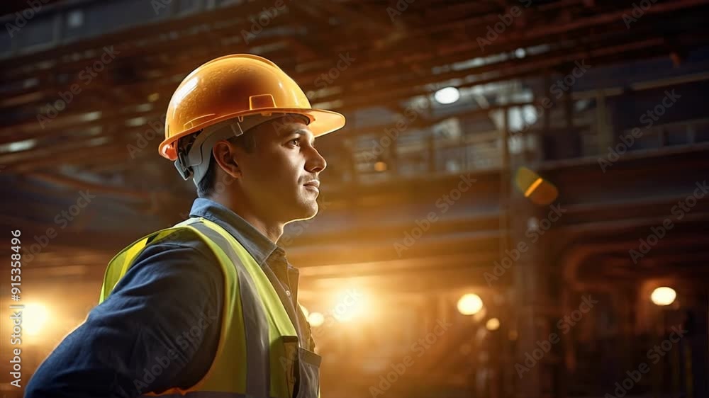 Worker in a warehouse wearing a helmet Worker in a warehouse wearing a helmet