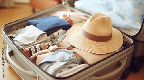 Close-up of travel essentials like passports and sunglasses in open suitcase
