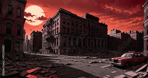 barren post apocalyptic city ruins wasteland. destroyed abandoned town buildings cityscape rubble after cataclysm world destruction. rapture hellscape.