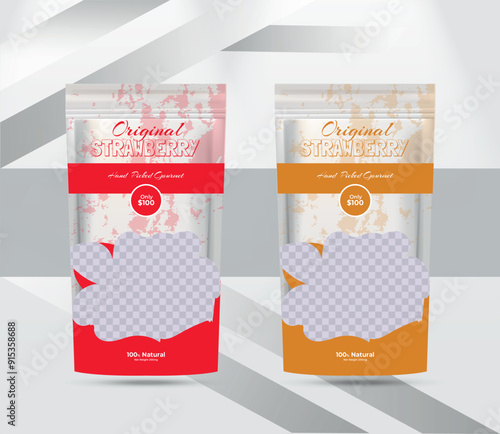 strawberry fruit product label and packaging stand up pouch design