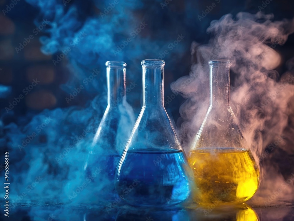 Colorful Chemistry Experiment with Smoky Effects in Lab Beakers Colorful Chemistry Experiment with Smoky Effects in Lab Beakers