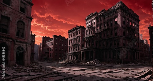 barren post apocalyptic city ruins wasteland. destroyed abandoned town buildings cityscape rubble after cataclysm world destruction. rapture hellscape. photo