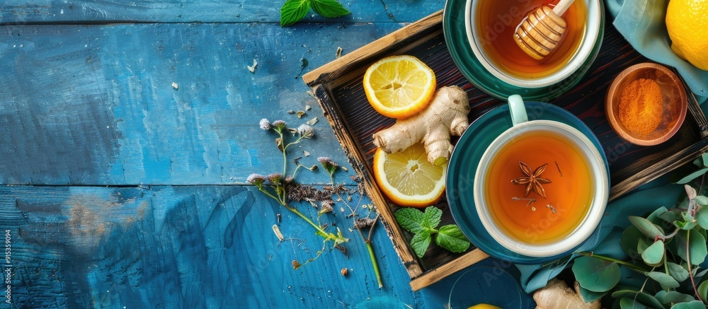 Closeup top view of green tea with lemon honey and ginger in a white wooden tray on a blue background. with copy space image. Place for adding text or design Closeup top view of green tea with lemon honey and ginger in a white wooden tray on a blue background. with copy space image. Place for adding text or design
