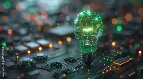 Green illuminated light bulb on a microchip with glowing circuits in the background.

 photo