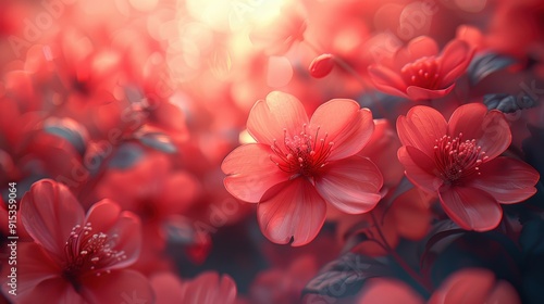 Vibrant cherry blossoms blooming under soft morning light in a lush garden during springtime