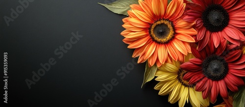 Gerbera and sunflower flowers on a black background. with copy space image. Place for adding text or design photo