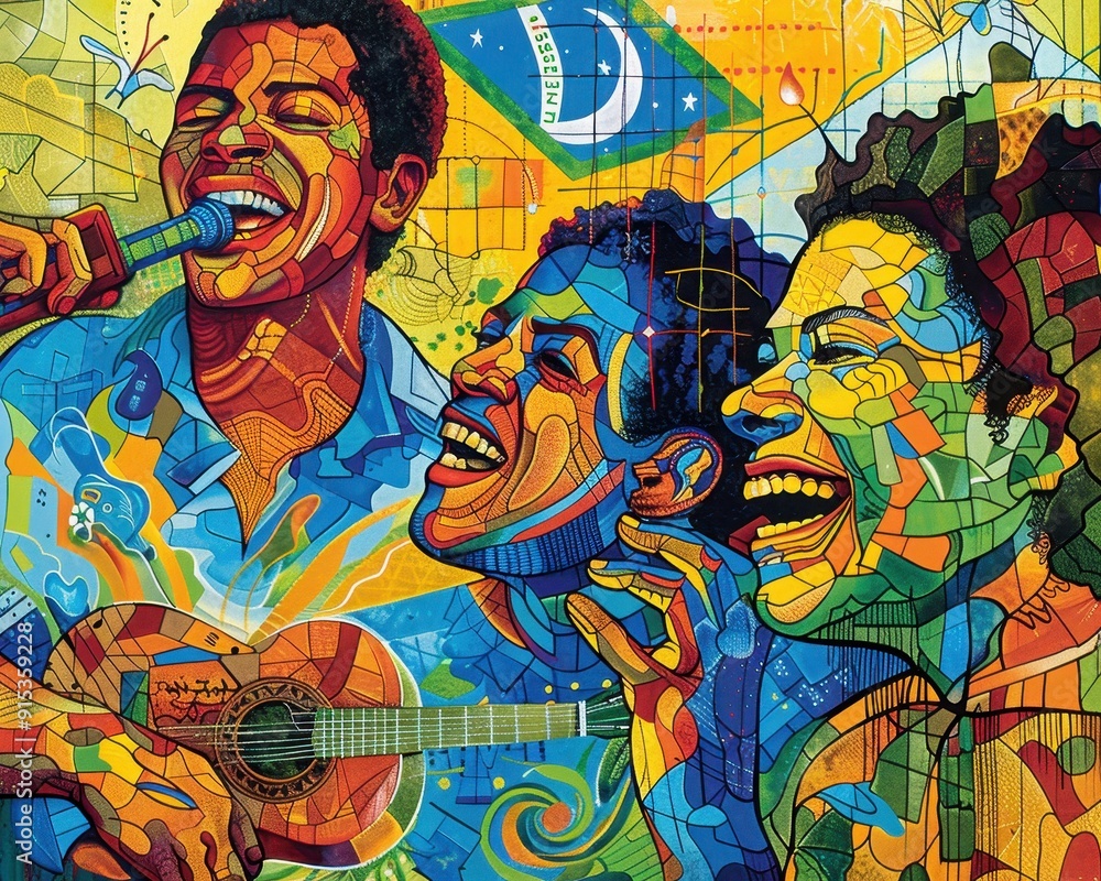 A vibrant mural depicting joyful singers sharing music and culture through colorful art. A vibrant mural depicting joyful singers sharing music and culture through colorful art.