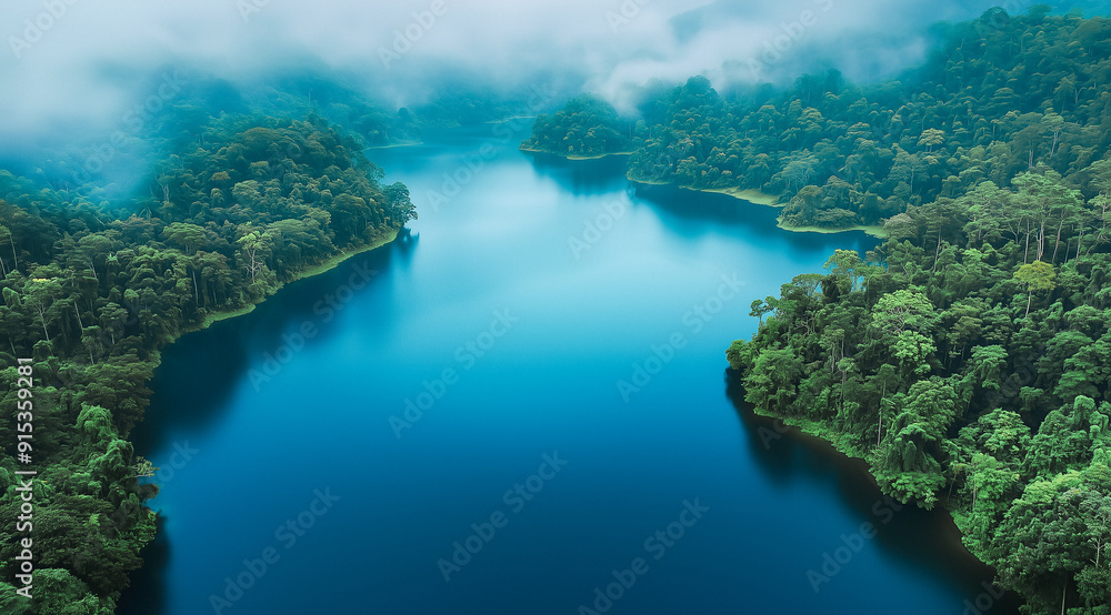 Fototapeta premium Tranquil mist-covered lake surrounded by dense, lush greenery in a serene landscape.