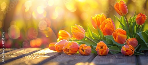 Bright yellow and orange tulips in sunlight set against a wooden background. with copy space image. Place for adding text or design
