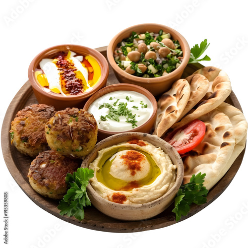 Lebanese Breakfast : Lebanese breakfast includes falafel, hummus, and pita bread, breakfast set, studio lighting, isolate on white background, photo, 4k