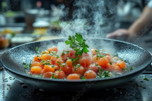 Fototapeta Naklejka Na Ścianę i Meble -  michelinstar chef plating avantgarde dish artistic food presentation dramatic lighting molecular gastronomy elements