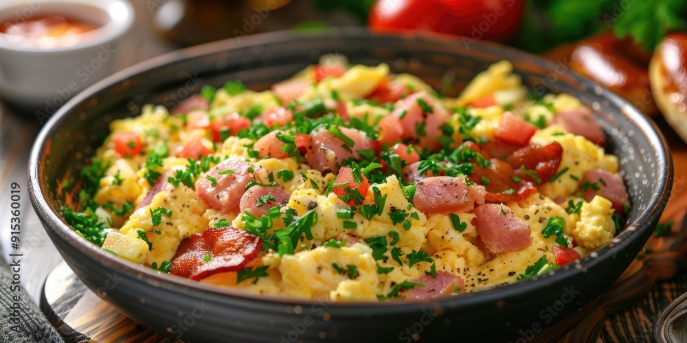 Egg Scramble Topped with Pepper and Parsley Served with Ham Bacon Sausage and Home Fries Egg Scramble Topped with Pepper and Parsley Served with Ham Bacon Sausage and Home Fries