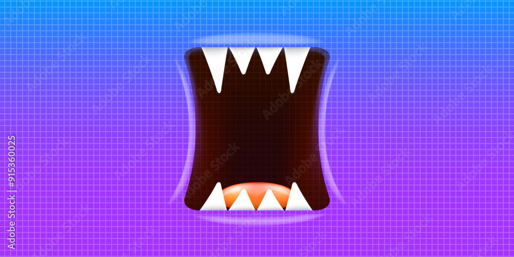 Fototapeta premium Vector Cartoon wide open monster mouth with fangs isolated on violet background. Funny and cute violet Halloween Monster open mouth with big white teeth and pink tongue