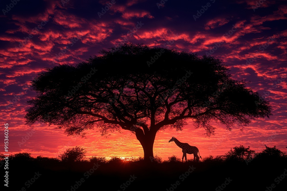 A stunning African landscape at sunset, featuring a large acacia tree with a giraffe standing beside it. A stunning African landscape at sunset, featuring a large acacia tree with a giraffe standing beside it.