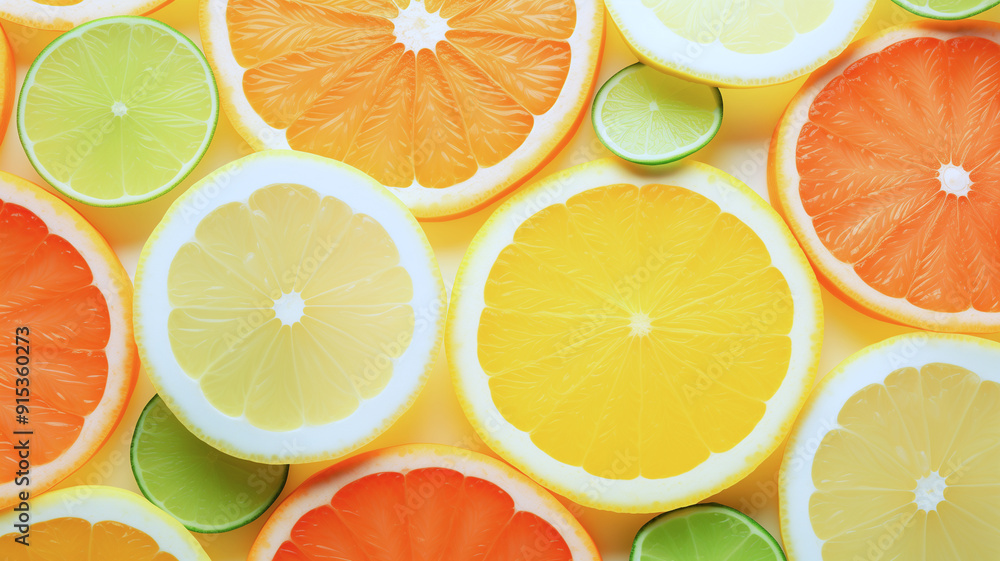 An assortment of sliced citrus fruits oranges, lemons, limes arranged in a playful pattern on a white background. An assortment of sliced citrus fruits oranges, lemons, limes arranged in a playful pattern on a white background.