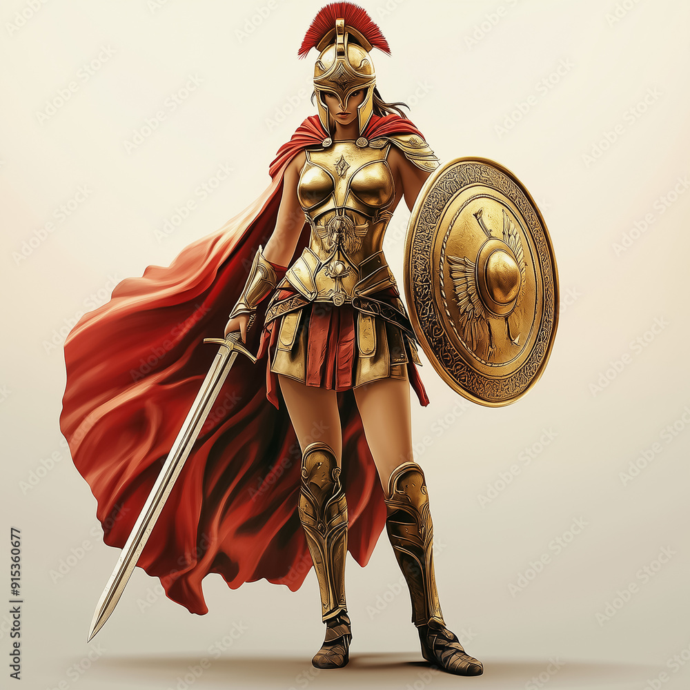 Warrior woman in ancient armor holding a sword and shield with red cape ...