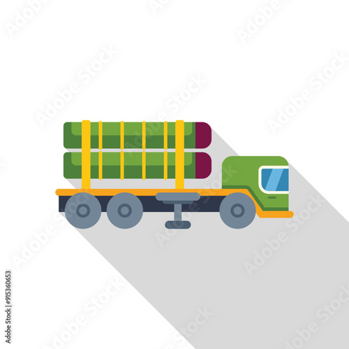 Green flatbed logging truck transporting freshly cut wood logs on a trailer