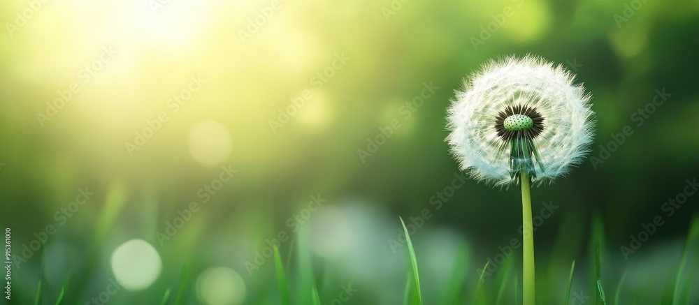 Selective image of a white dandelion flower against a blurred green background. with copy space image. Place for adding text or design Selective image of a white dandelion flower against a blurred green background. with copy space image. Place for adding text or design